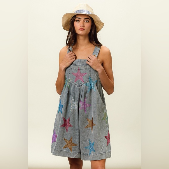 BiBi Star Rhinestone Washed Wide Leg Shortalls - Picture 10 of 14